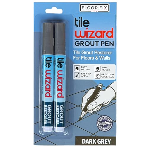 Dark Grey Grout Pen Tile Grout Paint Marker From Floor-Fix Pro | Waterproof Grout Colorant & Sealer Pen | Bathroom & Kitchen Tile Grout Whitener | Narrow 5mm Precision Tip | 2 Pack