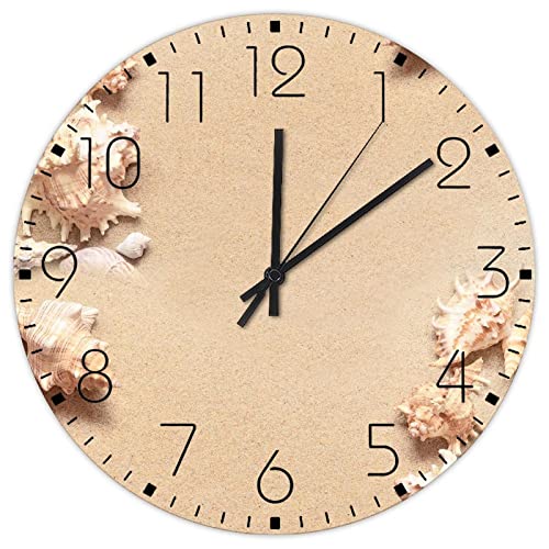 Minimalist Wood Clock Silent Non-Ticking Battery Operated Beach Ocean Theme Starfish Seashell Frameless Wall Clocks Sea Life Nautical Conch Teal Wooden Wall Decor for Nursery Bedroom Indoor 10″