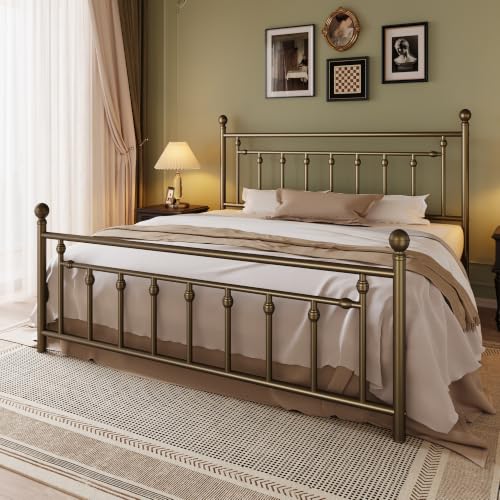 Image of SHA CERLIN 51 inch King Size Metal Bed Frame, Vintage Headboard, Antique Bronze