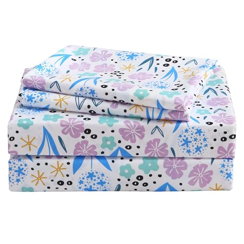 Image of Viviland 3 Pieces Girls Purple Floral Twin Sheet Set - Soft Microfiber Fitted Flat Sheets & Pillowcase - Purple Colorful Flower Print Bedding Sets - for Kids & Toddlers