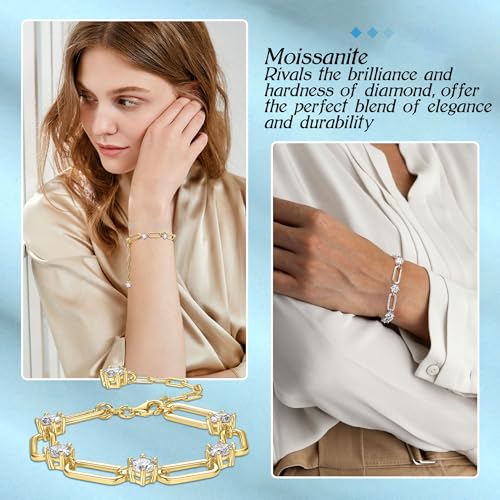 6-Stones Moissanite Link Bracelet, 6.5mm D Color VVS1 Moissanites 925 Sterling Silver Paperclip Link Bracelet, 6.1" + 2" Adjustable Chain for Women Birthday Gifts - Gold4
