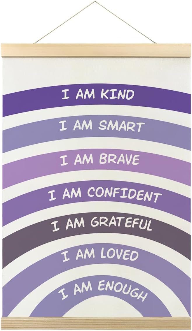 I Am Kind Smart Poster Hanger Frame Boho Rainbow Classroom Wall Art Decor Positive Affirmation Hanging Banner Decor for Nursery Girls Room Mental Health Wall Decor (Purple 12x16 Inch)