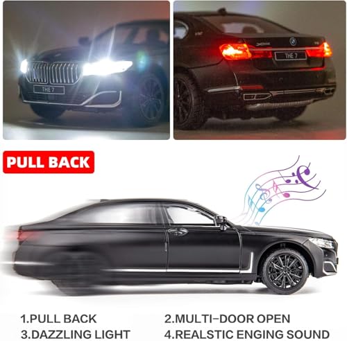 Image of Diecast BMW 7Series 760 THE7 Toy Car 1:24 Scale Model,Pull Back Vehicles Alloy Simulation Supercar with Lights and Sound Also for Car Dashboard,Kids (Black)