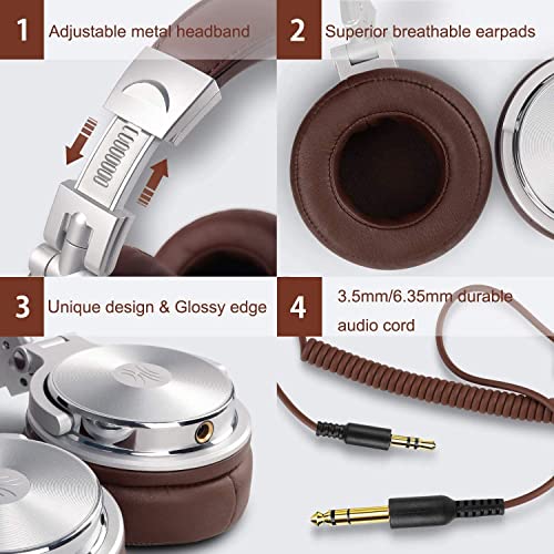 OneOdio Pro30 Auriculares DJ, Auriculares con Cable de Estudio, Estéreo de Alta Definición con Micrófono para Monitoreo Grabación y Mezclas, 50mm Controladores, Orejeras Proteicas, Plata y Marrón - imagen 6