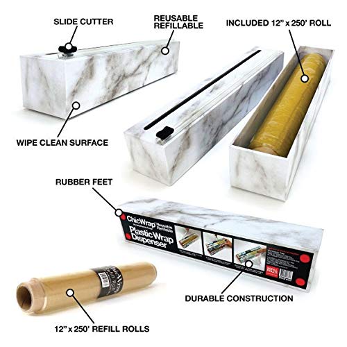 Chicwrap Marble Refillable Plastic Wrap Dispenser - Includes 12" X 250' Roll Professional Grade Disposable Plastic Wrap - Reusable Dispenser W/ Slide Cutter - Ideal Dispenser & Saves Money #TOP2
