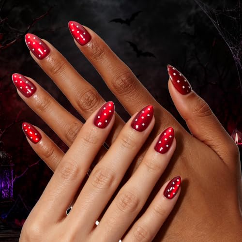 Image of Beetles Red Press On Nails Short Almond, Halloween Cat Eye Polka Dot | 32 PCS 16 Sizes False Nails, Glue & Adhesive Tabs Included, Salon-style Manicure in 10 Minutes, All-in-One Complete Kit