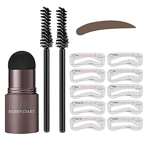 GALLIA Eyebrow Stamp Stencil Kit, One Step Brow Stamp Shaping Set Professional Eyebrow Powder Stamp Makeup Tools with 10 Reusable Eyebrow Stencils 2 Eyebrow Pen Brushes (Dark Brown)