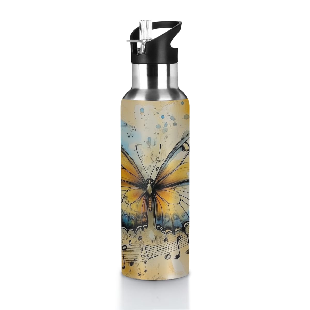 VQUVQV Stainless Steel Water Bottle with Straw Lid, 600ml Insulated Leakproof Sports Bottle Thermal Flask for Cold and Hot Drink, Watercolor Butterfly With Musical Notes