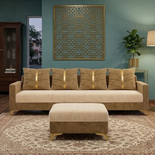 Image of Caviar 5 Seater L Shape Sofa Set with Movable Ottoman | Flexible Layout | Luxury Velvet Suede Fabric | Modern Living Room Sofa | Cream-Beige