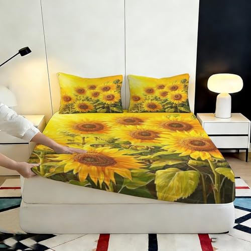 Drap housse imprimé tournesol 200x200 anti-plis et facile à border