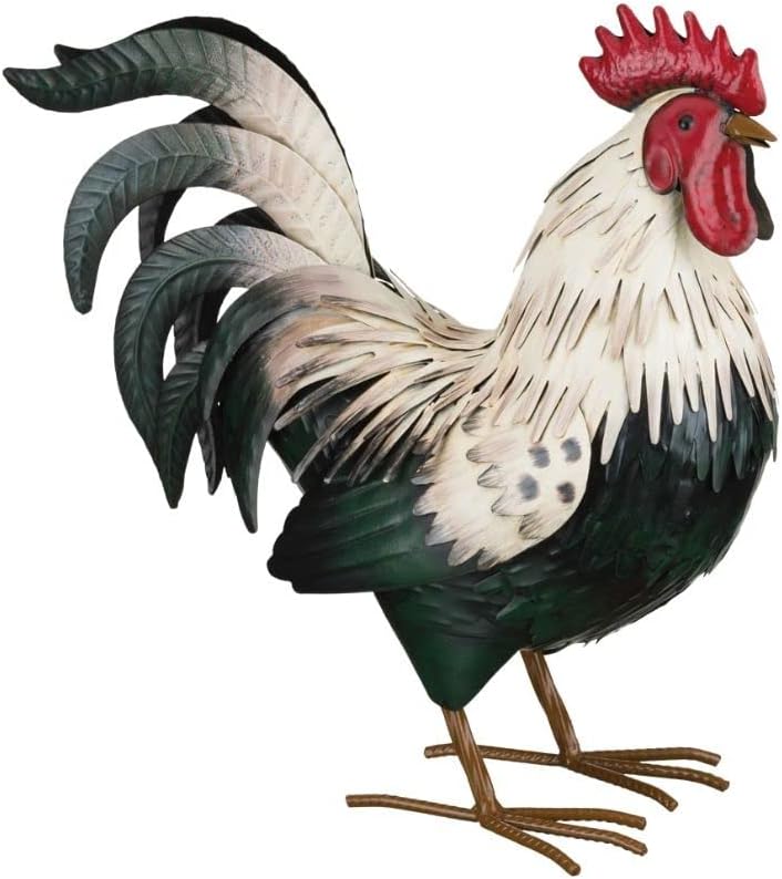 Regal Art & Gift Handcrafted Metal Rooster Statue, Weather-Resistant Farmhouse Yard Art, Indoor/Outdoor Garden Sculpture, Detailed Feather Design, Decorative Bird for Home & Garden, Verde, 14" Height