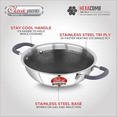 Image of Classic Steels Hexa Comb Triply Kadai Without Lid - 3.5 LTR (28cm) | 2.5mm Thickness | Durable Stay Cool Silicon Handle | Induction Bottom | Heavy Gauge Cookware Kadhai | 5 Year Warranty