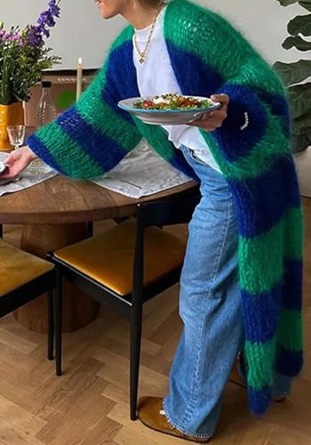 Famnbro Womens Long Cardigan Sweaters Striped Color Block Long Sleeve Open Front Duster Chunky Comfy Sweater Coat4