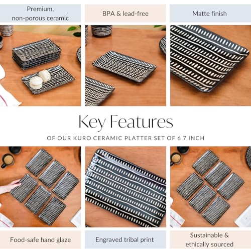 Image of Nestasia Ceramic Serving Platters Tray | 7 Inch Microwave & Dishwasher Safe Serveware for Snacks, Nashta, Tikkas, Kebabs, Starters, Buffet Appetizer (Set of 6, Black)