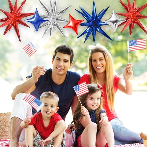 Image of TONIFUL 18Pcs 22Inch Red Blue Silver Explosion Star Mylar Balloons and 10Inch Four Pointed Star Balloons Set for Christmas New Year Birthday Wedding Independence Day Anniversary Photo Booth Supplies