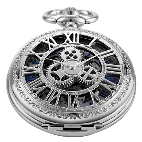 Image of Classic Silver Mechanical Pocket Watch, Roman Numerals Silver Pocket Watch with Chain Box for Men