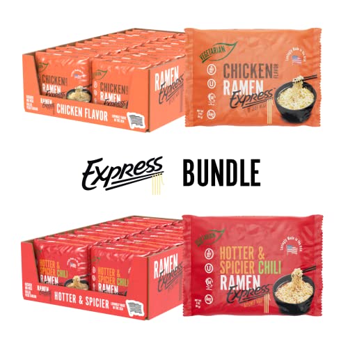 RAMEN EXPRESS “Express Bundles” Chicken X Hotter & Spicier Flavor Ramen Noodle Packs, 3 Oz Each (Pack Of 24) by Chef Woo | Vegetarian Ramen Noodles | No MSG | Halal | Egg-Free and Dairy-Free
