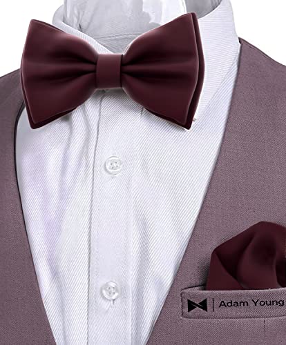 Adam Young Boy's Maroon Bow Tie With Handkerchief Set Pre-Tied Style Formal Satin Classic Bowtie For Tuxedo Faux Silk (Medium, Wine Red) #TOP3