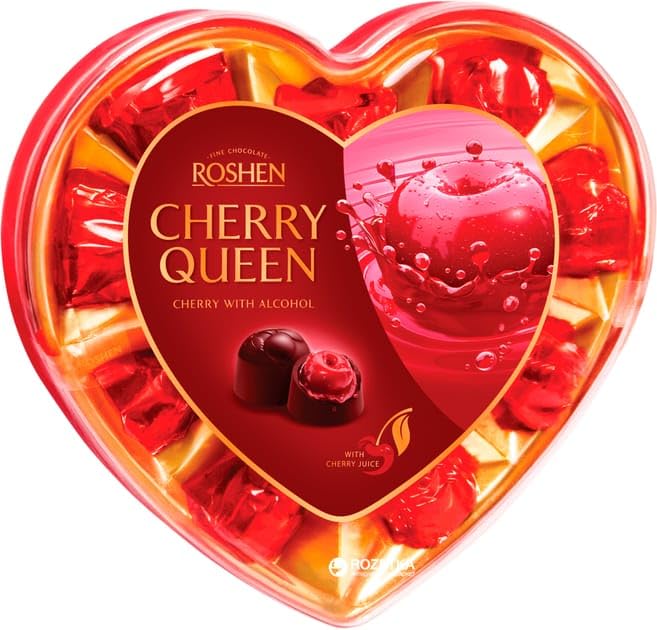 Roshen Cherry Queen Praliné de Chocolate con Licor de Cereza, Caja de Regalo en Forma de Corazón, Bombones Surtidos, 125 g