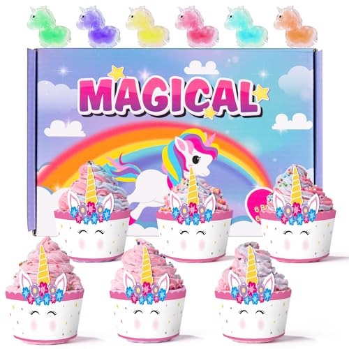 BeYumi Cupcake Bath Bombs Gift Set for Kids with Unicorn Squishy Stress Ball Toys Inside Handmade Bath Bombs for Girls Women with Surprise Inside Ideal Valentine Birthday Children's Day Christmas Gift