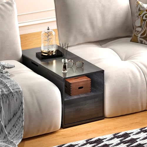 Rresyet Narrow Height Adjustable End Table with Storage Drawer and Shelf for Couch, Modern Side Table for Living Room, Bedroom, Office, Black