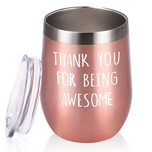 Product Image of the Thank You for Being Awesome Wine Tumbler, Birthday Christmas New Job Promotion Friendship Gift for Women Friend Coworkers Sisters, 12 Oz Stainless Steel Wine Tumbler with Sayings for Women, Rose Gold