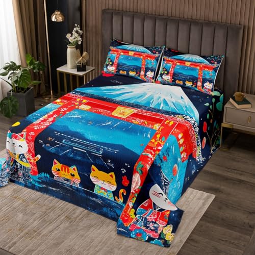 jejeloiu Cute Kitten Bedspread King Size, Fortune Cat Coverlet Set Boys Girls Cats Print Quilted Coverlet Teens Bedroom Decor with 2 Pillow Case