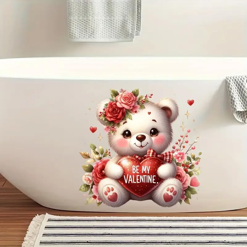 Little Bear Love Valentine's Day Toilet Cover Sticker Decals,Fish Bird Flower Leaf Waterproof Toilet Lid Tank Seat Decals Cistern Self-Adhesive Bathroom Wall Sticker