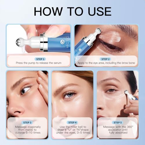 HGTG Eye Serum with 5% Caffeine & 5% Retinol for Dark Circles, Puffiness Puffy Bags & Wrinkles Fine Lines - Under Eye Cream Anti Aging Treatment with 360° Massage Roller Ball for Men & Women