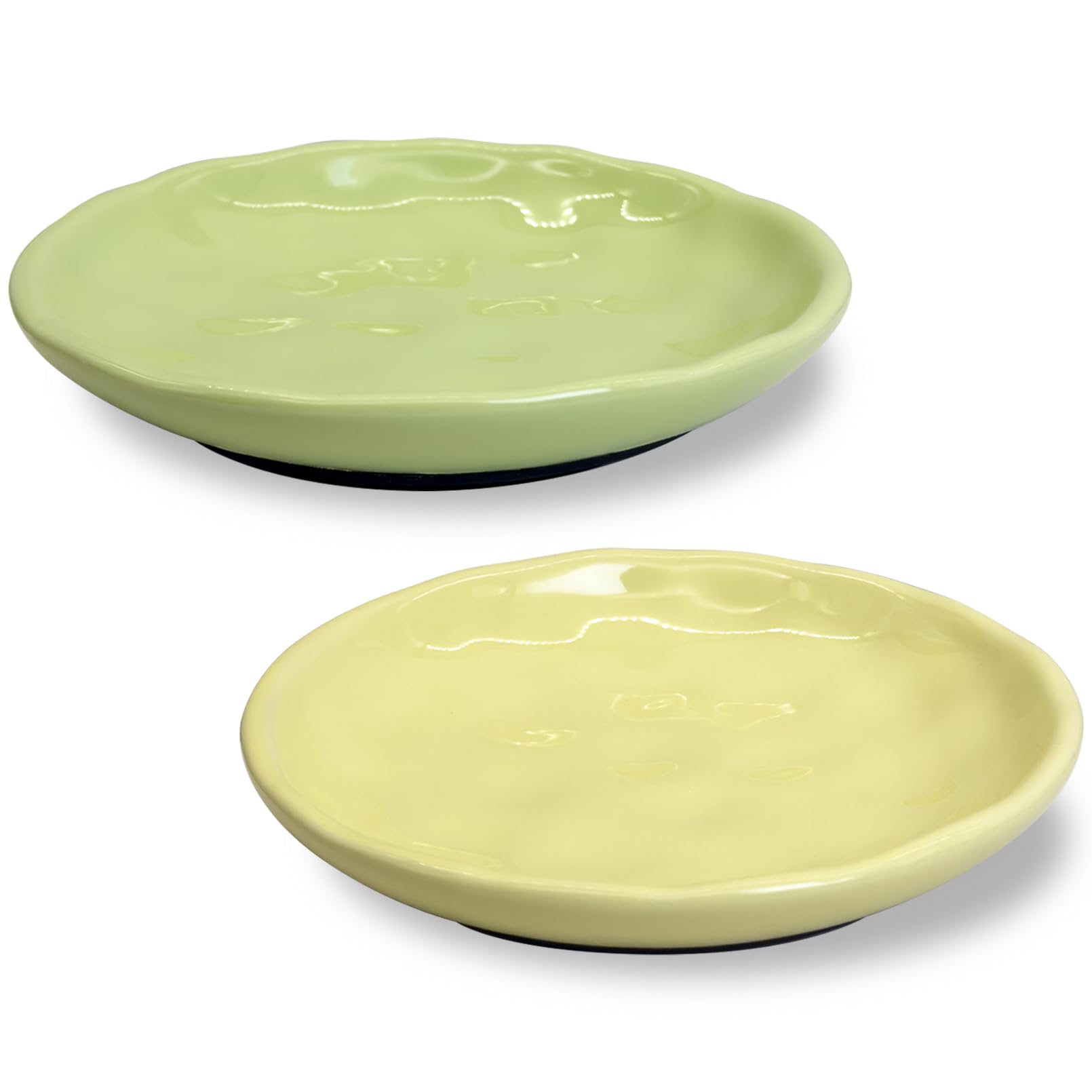 Fhiny 2PCS Cat Food Bowl,6" Ceramic Cat Dishes with Silicone Bottom Shallow Whisker Fatigue Kitten Texture Plates Set for Indoor Cats Non-Slip Wide