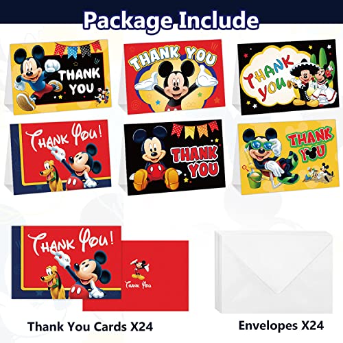 24Pcs Cartoon Mouse Thank You Cards, Cartoon Mouse Birthday Party Greetings Cards With 24 Envelope Birthday Thank You Cards For Kids Boy Girl Birthday Party Supplies #TOP1