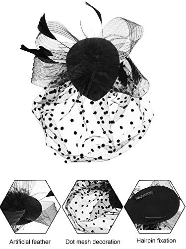 Fascinators For Women Tea Party Hat And Lace Gloves Funeral Hat 50S Vintage Hat Wedding Feather Veil Hair Clip(Black,Classic Style) #TOP4