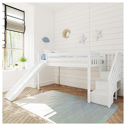 Max & Lily Low Loft Bed, Twin Bed Frame For Kids With Stairs and Slide, White