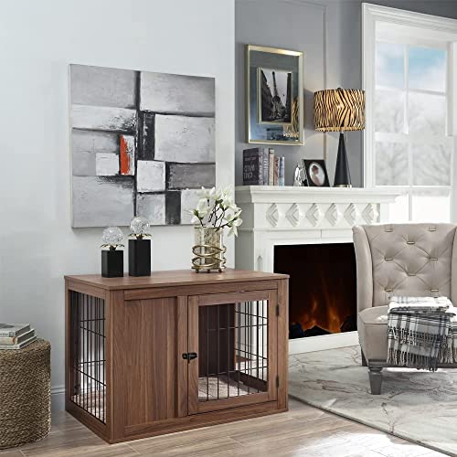Unipaws Furniture Style Dog Crate End Table With Cushion, Wooden Wire Pet Kennels With Double Doors, Medium Dog House Indoor Use #TOP1