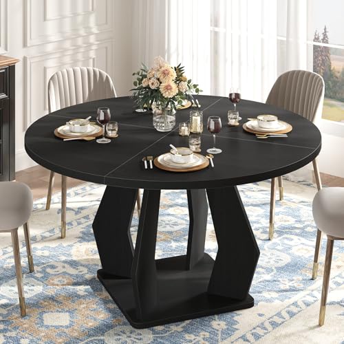 IBF Round Dining Table for 4 to 6, 47 Inches Kitchen Table with Spacious Tabletop Modern Circle Dining Table, Wood Dinner Table with Sturdy Pedestal Base for Dining Room Kitchen Living Room, Black Oak