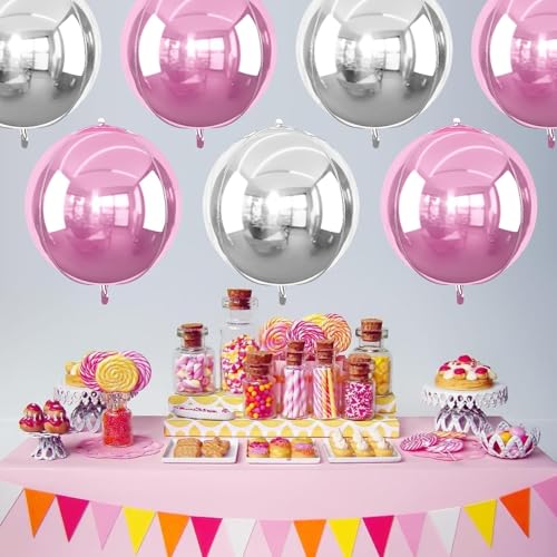Image of Pink Silver Round Foil Balloons Birthday Prom Decor 22 Inch 6 Pcs | Metallic Pink and Silver 4D Helium Ball Balloons for Girls Anniversary Baby Shower Wedding Party Backdrop Decorations