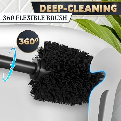 Image of Black Toilet Brush and Holder Set - Slim Matte Design that Fits Anywhere - Stainless Steel Toilet Bowl Brush and Holder with 2 Rounded Corners, Replaceable Head, Removable Inner Bowl & Splash Guard