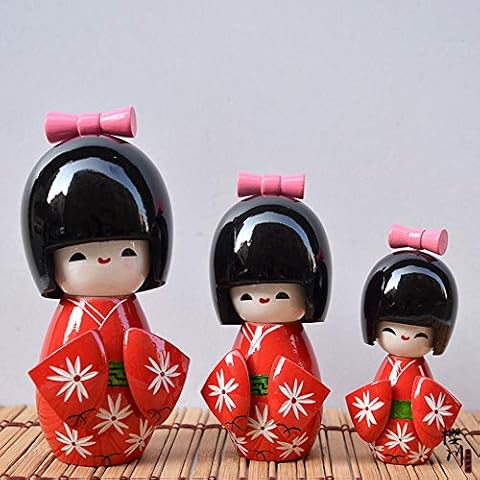 Carving Expert Floral Red Japanese Kimono Shyly Smiling Girl Wooden Kokeshi Doll Toy Cover