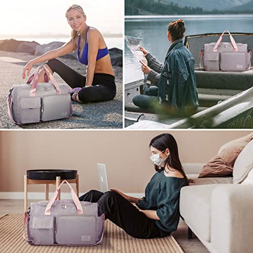 Fioretto Womens Mens Sports Gym Bag Duffle Bag With Shoes Compartment, Weekend Travel Bag Overnight Bag For Women, Foldable Water Resistant Holdall Hospital Bag For Swimming, Basketball Grey&Pink #TOP6