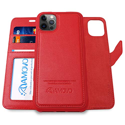 AMOVO Compatible with iPhone 12 Pro iPhone 12 Wallet Case Magnetic Detachable [2 in 1][Wristlet][Genuine Leather] Protective Case Compatible with iPhone 12 12 Pro (6.1  ) (Authentic Leather, Red)