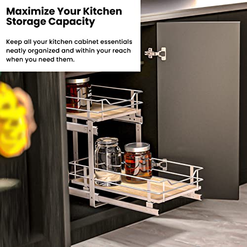 Home Zone Living 2 Tiers Organizer, Kitchen Under Sink Storage, Pantry Organizers And Storage, Pull Out Cabinet Shelf Organizer, 12”W X 20”D, Satin Nickel Light Brown Wood Finish, Virtuoso Collection #TOP3