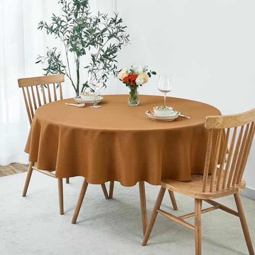 Image of maxmill Fall Tablecloth Weaved Texture Design Stain Resistant Waterproof Anti-Shrink Spillproof Washable Soft Table Cloth for Dining Room Harvest Thanksgiving Parties, Round 70 Inch, Amber