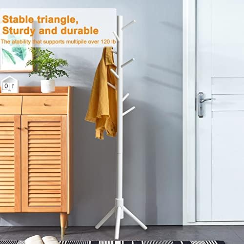 IBUYKE Wood Coat Rack Free Standing, Entryway Hall Tree Coat Tree, Coat Tree with 8 Hooks, for Home or Office Clothes, Scarves, Handbags, White RF-1194