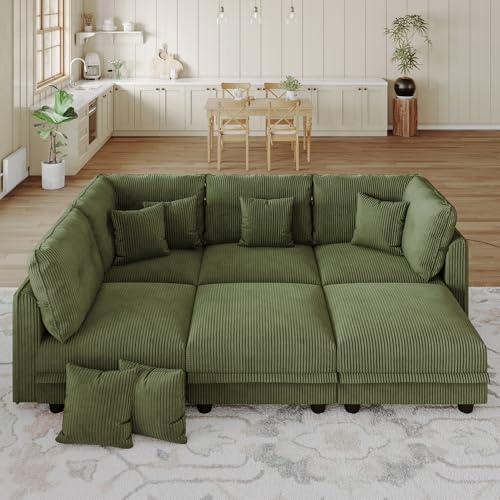 Image of LLappuil 112 inch Modular Sectional Sofa with Storage, U Shaped 6-Seat Corduroy Couch with 6 Throw Pillows, Convertible Sofa Set for Living Room & Apartment, Skin-Friendly & Soft, Green