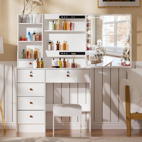 Buildonely Vanity Set with Mirror and Lights, Vanity Table with Stool, Lighted Mirror 10 Dimmable Bulbs, 6 Drawers, Makeup Vanity Desk for Girls, White Bedroom Dressing Table