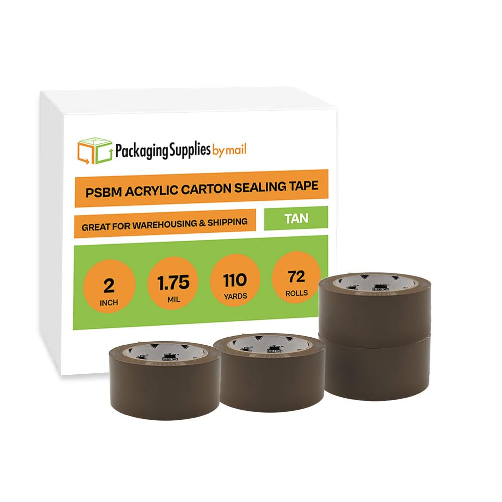 PSBM Brown Packing Tape, 2 Inch x 110 Yards, 72 Pack, Tan, 1.75 Mil, Packaging Tape for Dispenser Refill, Moving, Storage, Shipping