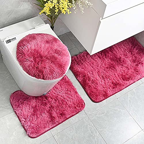 ARLTTH 3er Set Batik Badematten Set Aus Weichem Plüsch, rutschfest, Saugfähig, Badezimmerteppich, U-förmiger Konturteppich Und Toilettendeckelbezug, Waschbar (Rot) – Bild 4