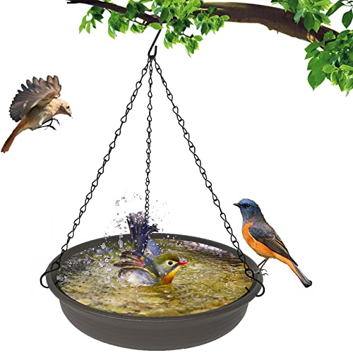 NEECONG Hanging Bird Bath Bird Feeder for Outdside, 12 inch Diameter Bird Bath Tray,Made of PP Material with 15.7 inch Antirust Paint Black Chain for Garden Yard Decoration(Gray)
