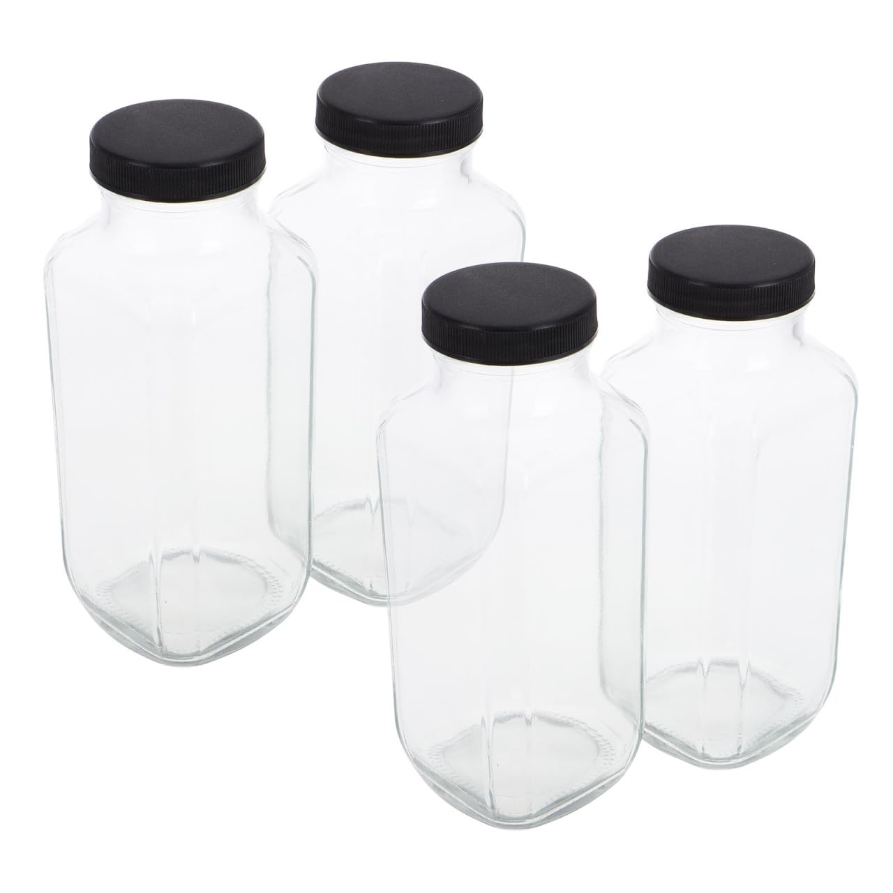 4 Botellas de Vidrio Cuadradas para Jugo y Leche de 500ml con Tapa Hermética, Reutilizables, Material Seguro, Ideales para Oficina y Viajes