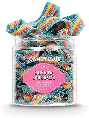 Candy Club Gourmet Gummy Rainbow Sour Belts, Vegan, Sweet and Chewy Fruit Strips for Gifts, Parties, Snacks, Candy Buffets, etc. - 5oz Jar